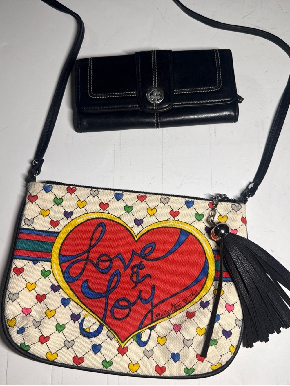 Brighton Multicolor Heart Print Crossbody Bag with Tassel and vintage wallet